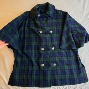 Vintage Handmade Pendleton Blue and Green Plaid Wool Cape Jacket XS-L